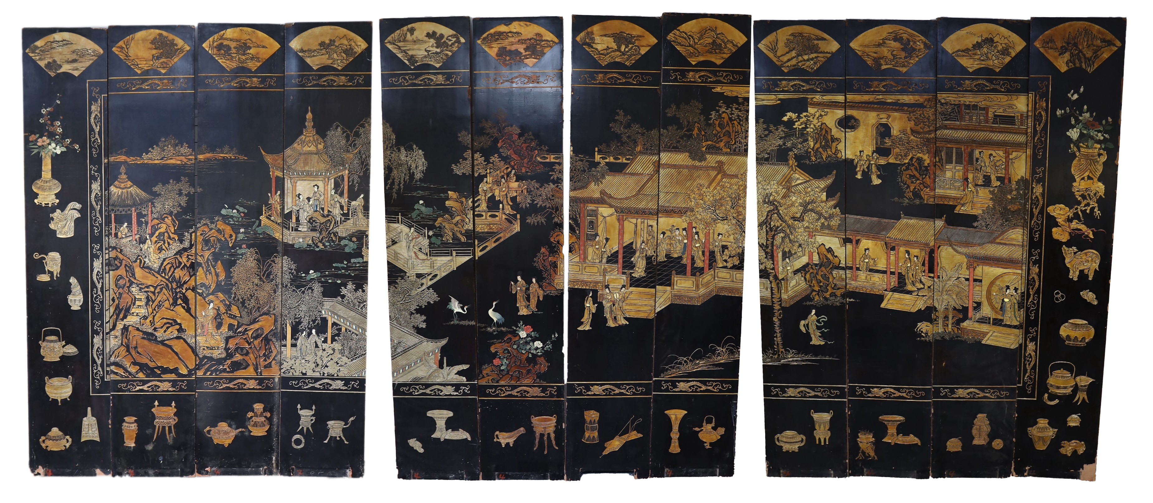 A tall Chinese coromandel lacquer twelve panel screen, 19th century, each leaf panel width 49cm, height 264cm
